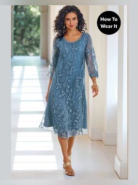 NWT Soft Surroundings blue women's PM starling silk floral embroidered dress